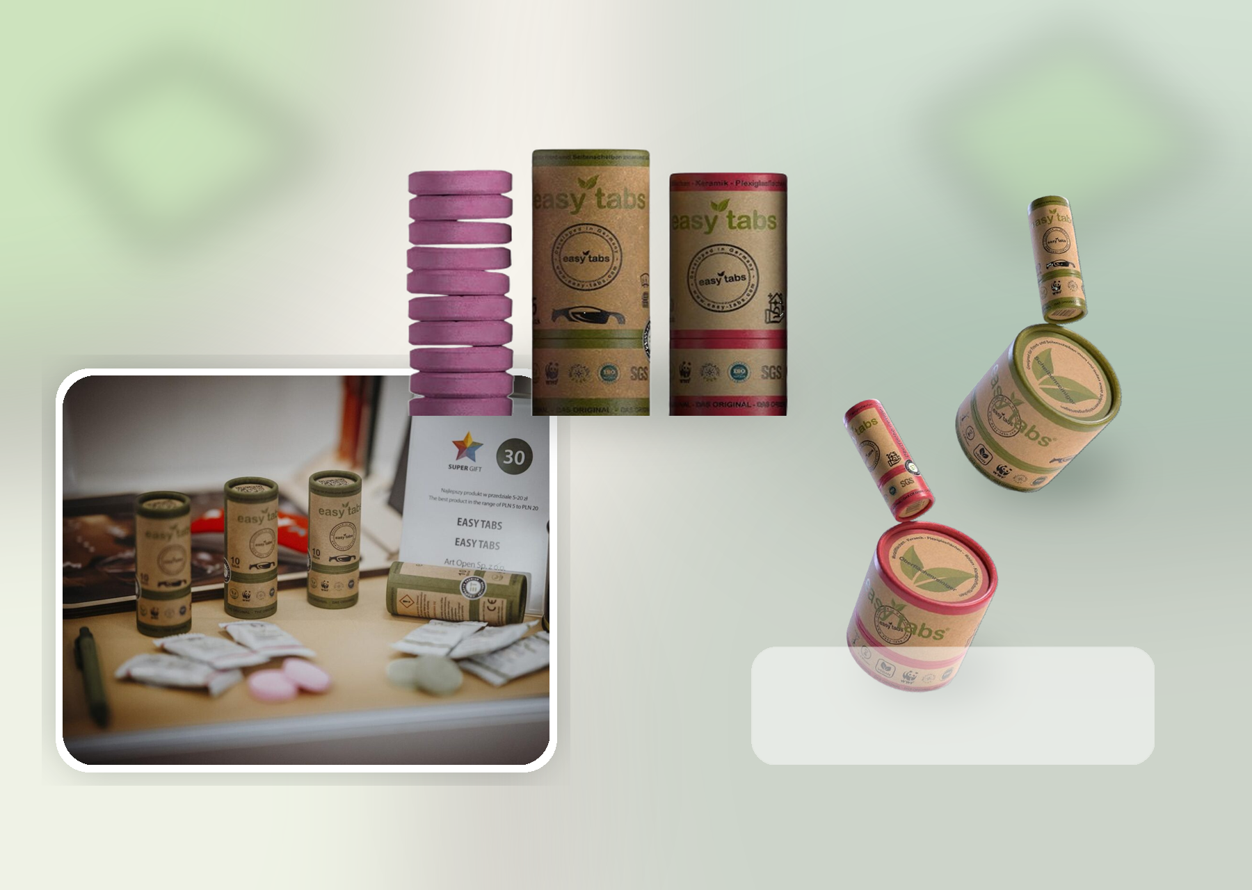 Wyeksponowane opakowania i tabletki easy-tabs w naturalnej kompozycji dla Flora Tabs